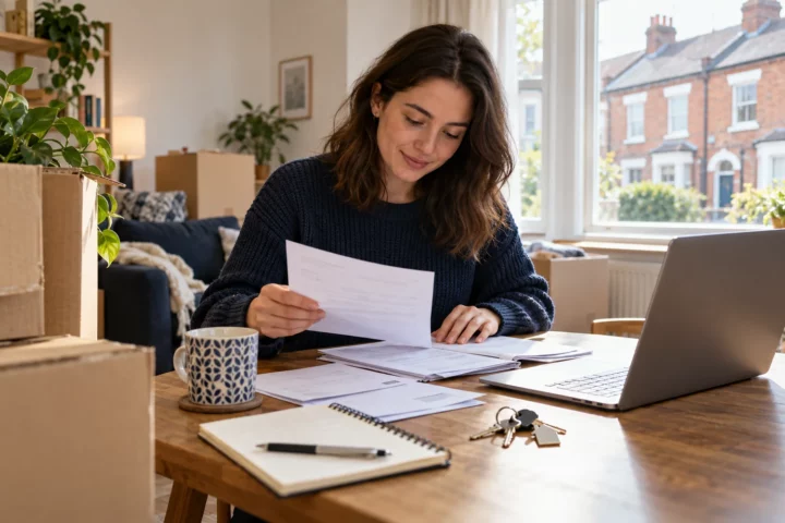 Woman organising household documents and bills after moving into a UK home