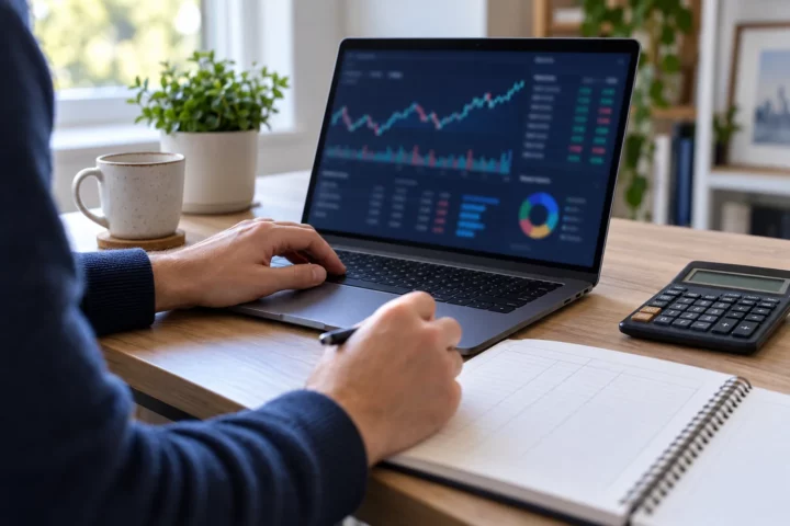 Osoba sprawdza dane finansowe na laptopie obok kalkulatora i dokumentów
