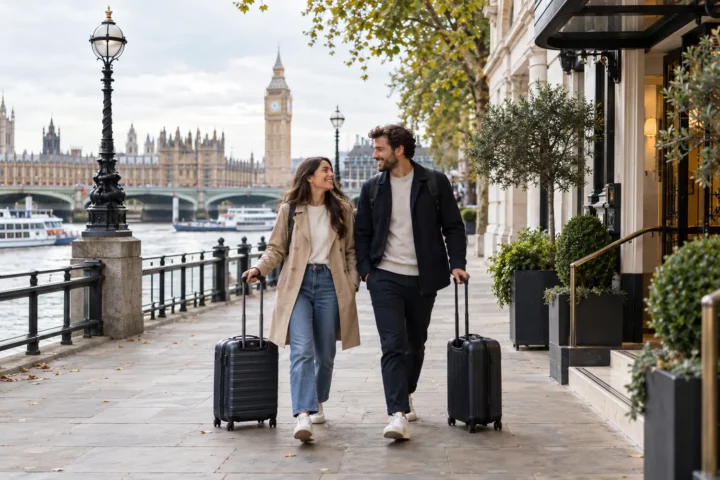 Podróżni z walizkami na londyńskim South Bank z widokiem na Tamizę i Elizabeth Tower