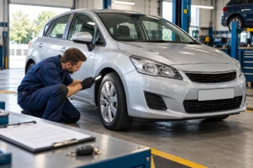 Mechanik kontroluje oponę srebrnego samochodu w warsztacie — ilustracja przeglądu MOT