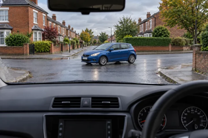 Widok z samochodu z kierownicą po prawej na nieoznakowane skrzyżowanie w UK i niebieskie auto jadące z prawej strony.
