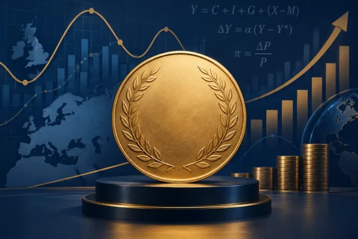 Ilustracja redakcyjna: złoty medal na granatowym tle abstrakcyjnych wykresów gospodarczych i równań ekonomicznych.