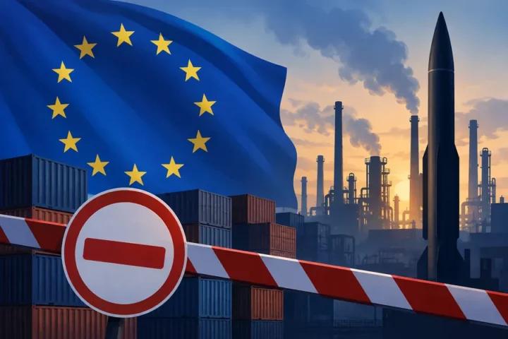 Ilustracja redakcyjna: flaga Unii Europejskiej na tle stylizowanych zakładów przemysłowych i sylwetki pocisku balistycznego.