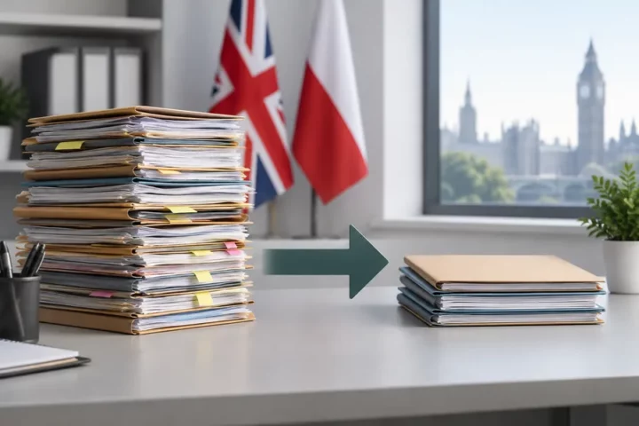 Ilustracja redakcyjna: uporządkowane teczki i dokumenty na biurku, symbolizujące rozpatrywanie spraw; nie są to autentyczne dokumenty Home Office.