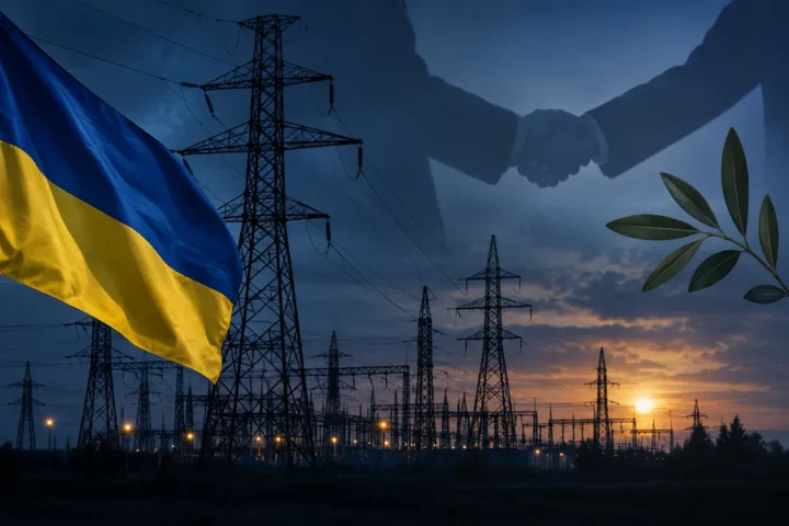Koncepcyjna ilustracja ukraińskiej infrastruktury elektroenergetycznej pod ciemnym niebem; nie przedstawia konkretnego ataku.