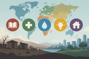 Koncepcyjna ilustracja ubóstwa wielowymiarowego: mapa świata i symbole edukacji, zdrowia, wody, energii oraz mieszkania.