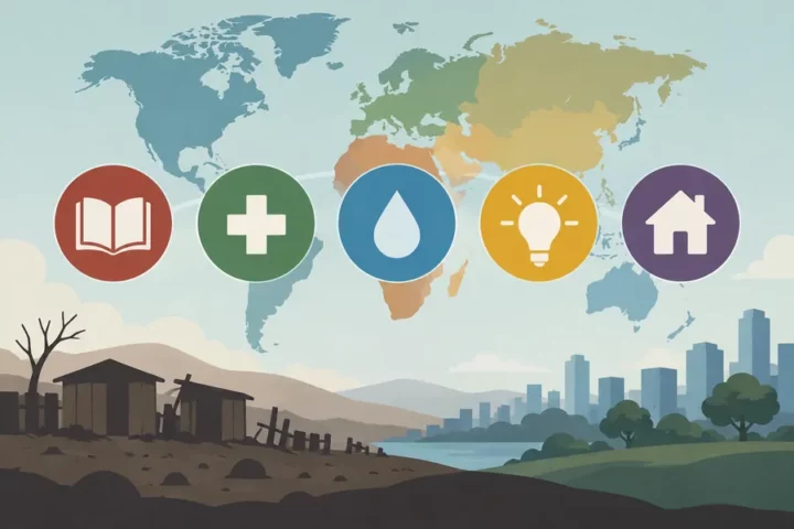 Koncepcyjna ilustracja ubóstwa wielowymiarowego: mapa świata i symbole edukacji, zdrowia, wody, energii oraz mieszkania.