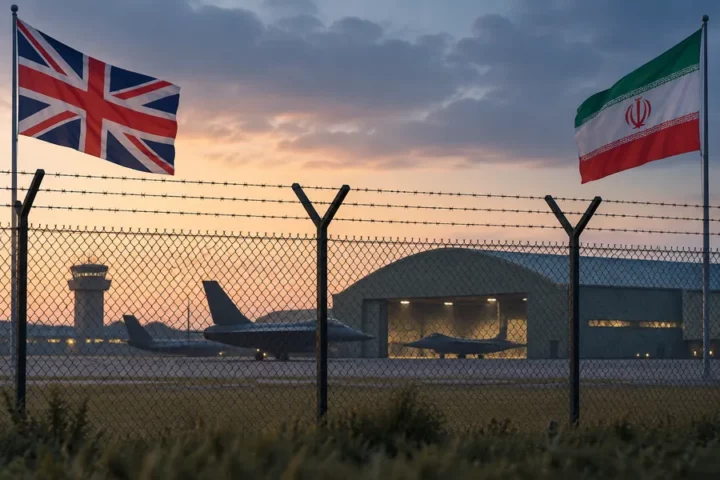 Ilustracja redakcyjna przedstawiająca ogrodzenie wojskowego lotniska i hangar w brytyjskim krajobrazie; nie jest zdjęciem incydentu przy RAF Fairford.