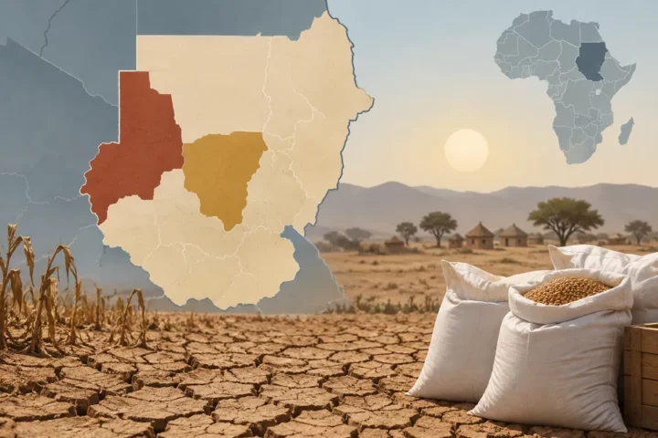 Ilustracja redakcyjna przedstawiająca mapę Sudanu z zaznaczonym Darfurem i Kordofanem, wyschnięte pole oraz worki pomocy żywnościowej.
