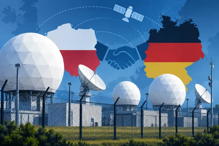 Ilustracja redakcyjna infrastruktury łączności satelitarnej z białymi osłonami anten i abstrakcyjnym motywem współpracy polskich i niemieckich służb.