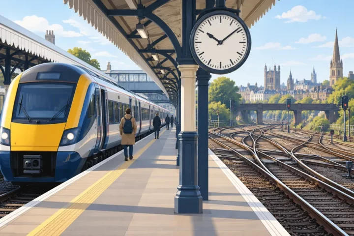 Conceptual editorial illustration of a train at a British platform, a station clock and diverging tracks symbolising punctuality and railway organisation.