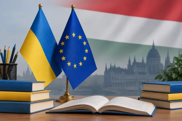 Editorial illustration: Ukrainian and EU flags beside schoolbooks, with a Hungarian flag motif in the background.