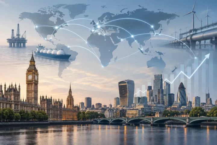 Editorial illustration of a British city skyline with an abstract economic chart and motifs representing global energy supply routes.