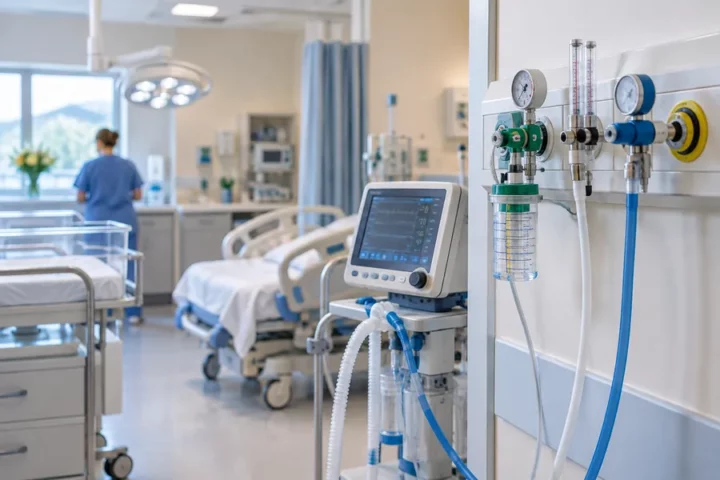 Ilustracja redakcyjna: neutralne wnętrze oddziału położniczego z instalacją gazów medycznych, sprzętem wentylacyjnym i anonimową sylwetką personelu.