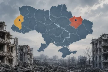Ilustracja redakcyjna: mapa Ukrainy z zaznaczonym Charkowem i obwodem lwowskim oraz symbolicznym motywem zniszczonej zabudowy mieszkalnej.