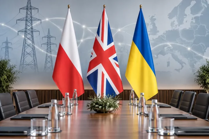 Ilustracja redakcyjna: flagi Polski, Wielkiej Brytanii i Ukrainy na tle sali konferencyjnej z motywem sieci energetycznej.