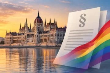 Ilustracja redakcyjna: sylwetka parlamentu w Budapeszcie, symboliczny dokument legislacyjny i subtelny tęczowy akcent.