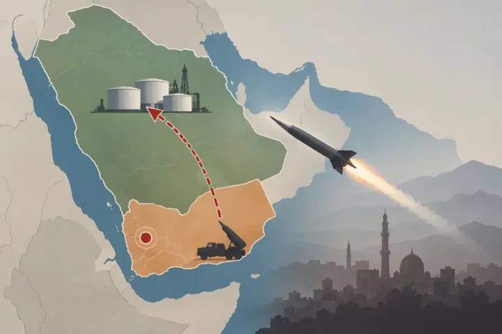Editorial illustration: a simplified map of Yemen and Saudi Arabia marking Sana’a, with symbolic fuel tanks and a missile threat motif.