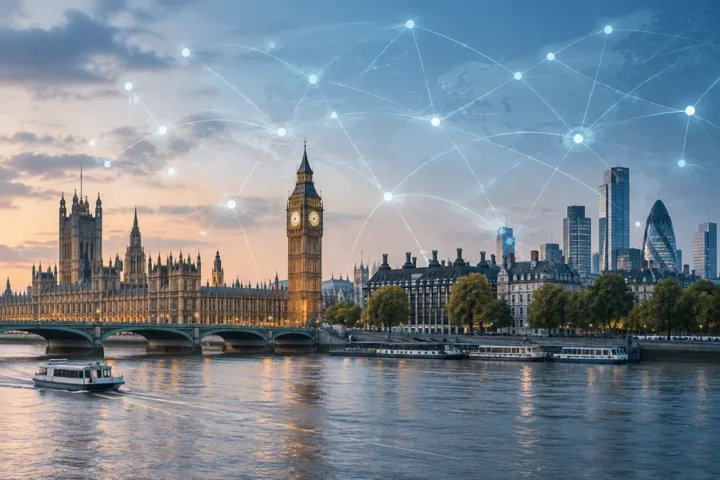 Editorial illustration: London buildings beside the Thames with an abstract network of digital connections symbolising threat analysis.