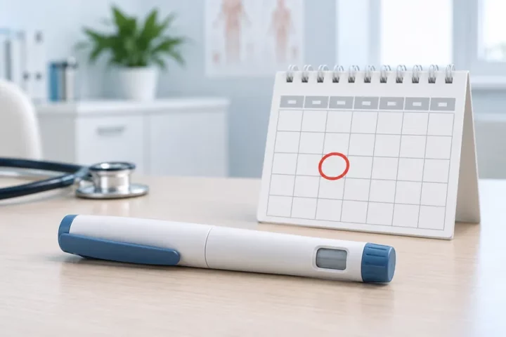 Editorial illustration of an unbranded insulin pen beside a calendar with one day of the week marked; it does not show actual Onswik packaging.