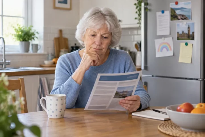 Editorial illustration of an older person reading a leaflet at a kitchen table in a British home; the scene does not depict an actual campaign participant.