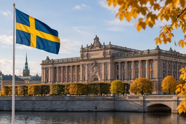 Editorial illustration showing the façade of Sweden’s parliament in Stockholm and the Swedish flag in autumn colours.