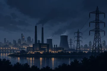 Ilustracja redakcyjna przedstawiająca sylwetkę elektrociepłowni i sieć energetyczną na tle nocnego miasta; nie jest dokumentacją ataku na Kijów.