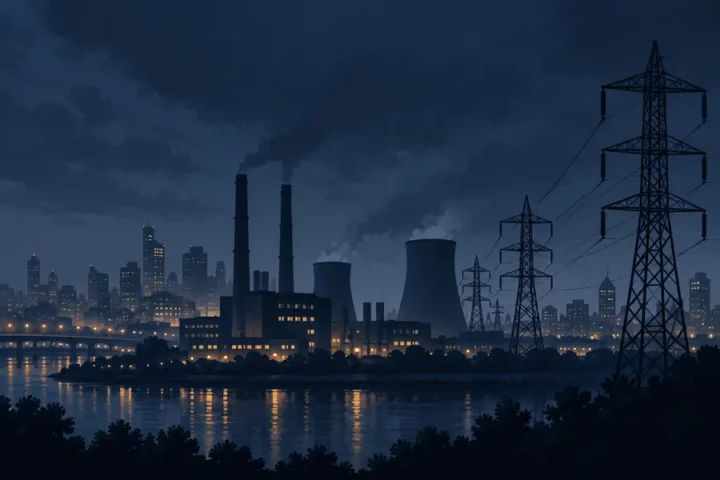 Ilustracja redakcyjna przedstawiająca sylwetkę elektrociepłowni i sieć energetyczną na tle nocnego miasta; nie jest dokumentacją ataku na Kijów.