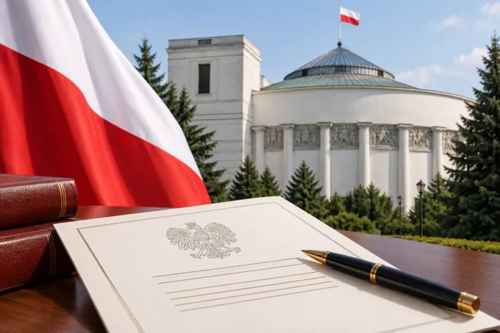 Editorial illustration showing Poland’s Sejm building, a Polish flag and a symbolic oath document; not a record of the ceremony.