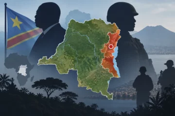 Ilustracja redakcyjna: mapa Demokratycznej Republiki Konga z zaznaczoną Gomą, na tle symbolicznych sylwetek przywódców politycznych i wojskowych.