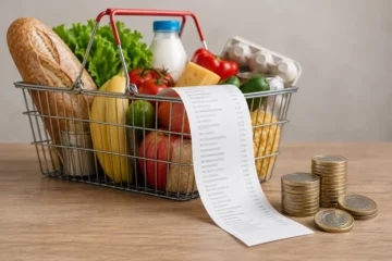 Ilustracja redakcyjna: koszyk produktów spożywczych, paragon bez czytelnych kwot i monety złotowe, symbolizujące ceny w Polsce.