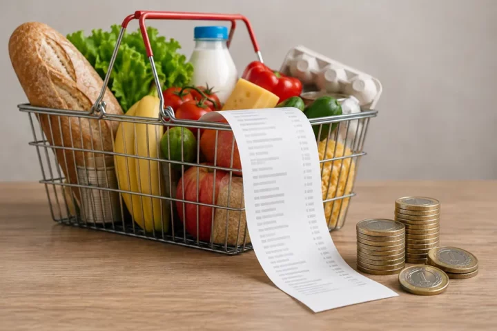 Editorial illustration: a basket of groceries, a receipt with no legible amounts and Polish złoty coins, representing prices in Poland.