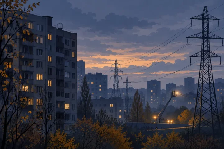 Ilustracja redakcyjna: ukraińskie bloki z częściowo wygaszonymi oknami, linie energetyczne i światło ekipy naprawczej pod jesiennym niebem.