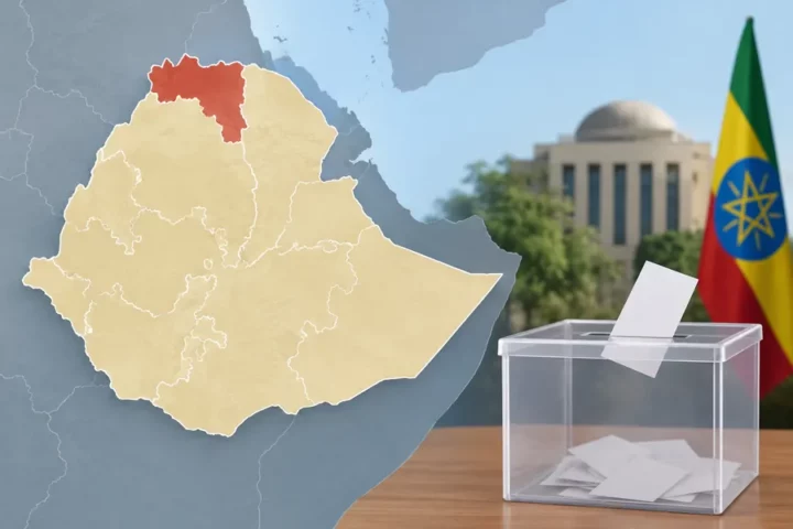 Ilustracja redakcyjna: mapa Etiopii z wyróżnionym Tigrajem oraz symbolami administracji i urny wyborczej.