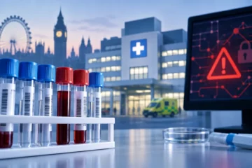 Ilustracja koncepcyjna: probówki laboratoryjne na tle sylwetki londyńskiego szpitala i motywu zakłóconej sieci komputerowej.
