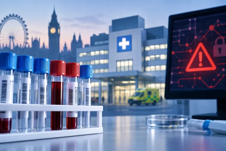 Ilustracja koncepcyjna: probówki laboratoryjne na tle sylwetki londyńskiego szpitala i motywu zakłóconej sieci komputerowej.