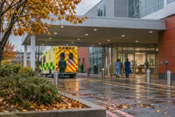 Ilustracja redakcyjna przedstawiająca wejście do angielskiego oddziału ratunkowego i ambulans w jesiennej scenerii, nie dokumentacja konkretnej inwestycji.