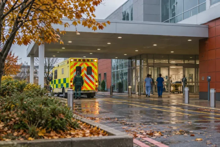Ilustracja redakcyjna przedstawiająca wejście do angielskiego oddziału ratunkowego i ambulans w jesiennej scenerii, nie dokumentacja konkretnej inwestycji.