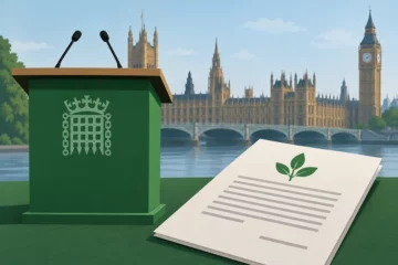 Ilustracja koncepcyjna: zielona mównica i dokument symbolizujący uchwałę partyjną na tle uproszczonej sylwetki Westminsteru.