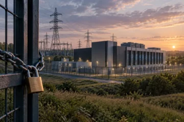 Ilustracja koncepcyjna centrum danych AI na tle infrastruktury energetycznej, nawiązująca do problemów z zasilaniem; nie przedstawia rzeczywistego obiektu w Loughton.