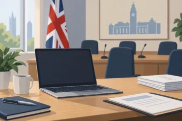 Ilustracja redakcyjna: laptop z wygaszonym ekranem na biurku w urzędzie, w tle nieostre dokumenty i puste krzesła.