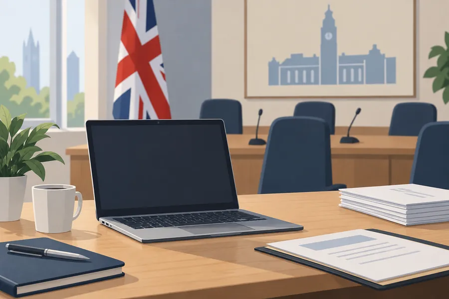 Ilustracja redakcyjna: laptop z wygaszonym ekranem na biurku w urzędzie, w tle nieostre dokumenty i puste krzesła.