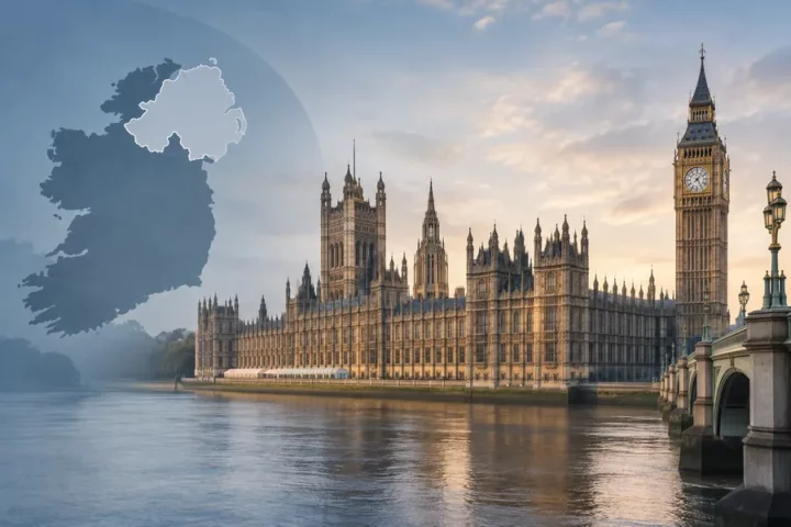Ilustracja redakcyjna przedstawiająca Pałac Westminsterski i subtelny kontur Irlandii Północnej w stonowanych barwach.