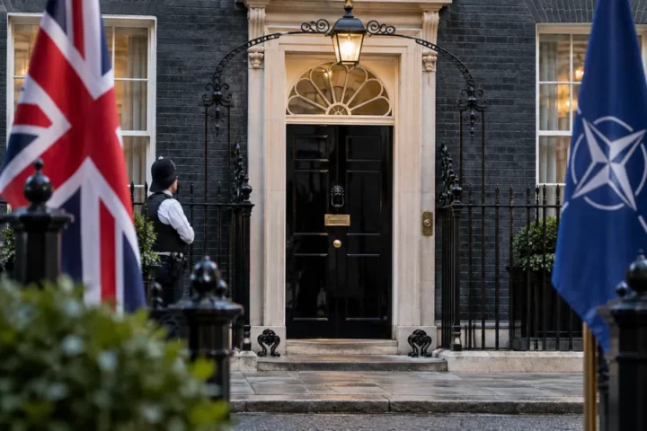 Ilustracja redakcyjna przedstawiająca wejście do siedziby premiera przy Downing Street z motywami flag Wielkiej Brytanii i NATO.