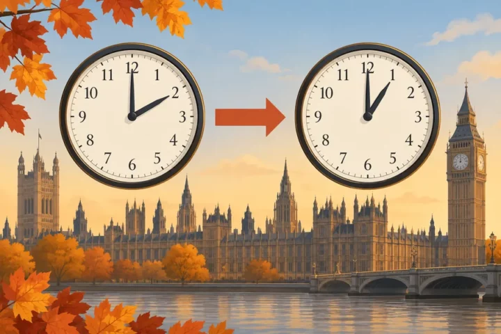Dwa zegary na tle jesiennego Londynu: strzałka prowadzi od 02:00 po lewej do 01:00 po prawej.