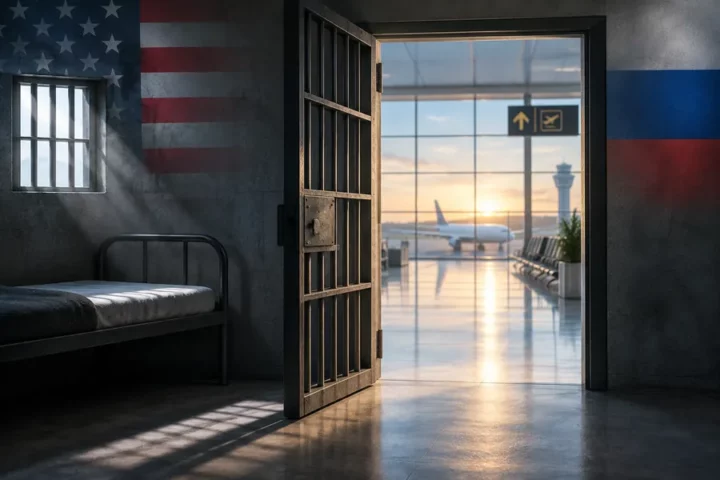 Ilustracja koncepcyjna: otwarte drzwi celi przechodzące w korytarz lotniskowy, z motywami flag USA i Rosji w tle.
