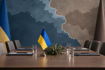 Ilustracja redakcyjna: stół negocjacyjny z flagą Ukrainy i symboliczną linią podziału w tle, nieprzedstawiająca konkretnego spotkania.