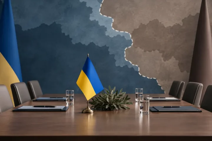 Ilustracja redakcyjna: stół negocjacyjny z flagą Ukrainy i symboliczną linią podziału w tle, nieprzedstawiająca konkretnego spotkania.