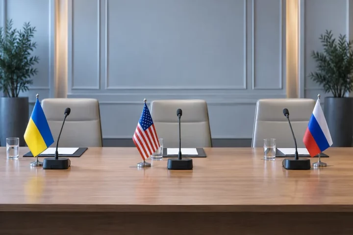 Ilustracja koncepcyjna: pusty stół negocjacyjny z mikrofonami oraz flagami Ukrainy, USA i Rosji; nie przedstawia rzeczywistego spotkania.