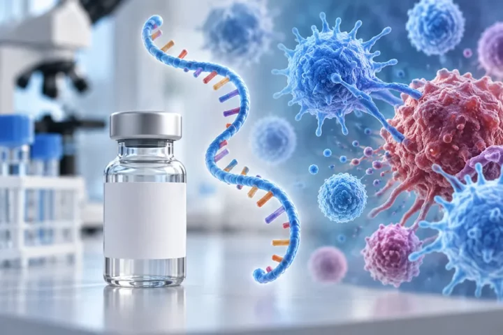 Ilustracja koncepcyjna: nieoznakowana fiolka w laboratorium, symboliczna struktura mRNA oraz komórki odpornościowe i nowotworowe.